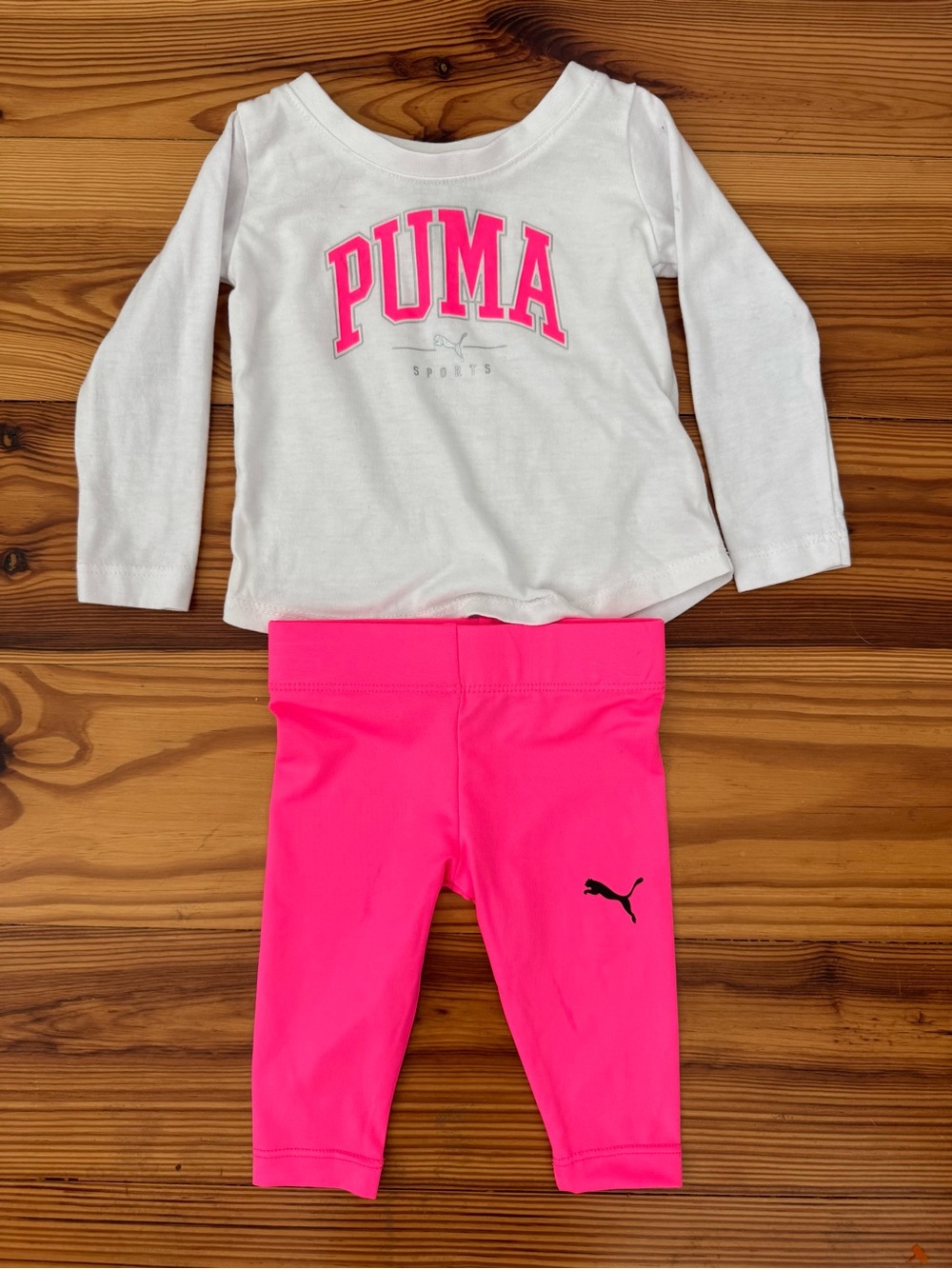 NWOT Puma White Long Sleeve Top & Neon Pink Leggings Set 3 to 6 Months baby girl